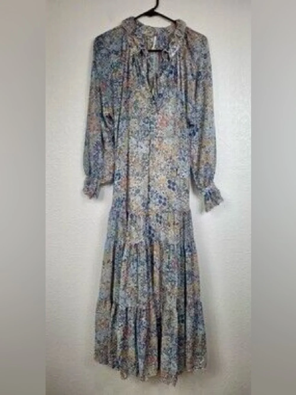 Free People Feeling Groovy Floral Ruffled Maxi Dress Soft Blue, Cream Size L